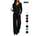 thumbnail image 1 of Women's 2 Piece Casual Knit Set V Necklinen Full Buttom Down Top Wide Leg Pants Casual Suits for Fall Black M, 1 of 6
