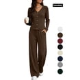 thumbnail image 1 of Women's 2 Piece Casual Knit Set V Necklinen Full Buttom Down Top Wide Leg Pants Casual Suits for Fall Brown 2XL, 1 of 6