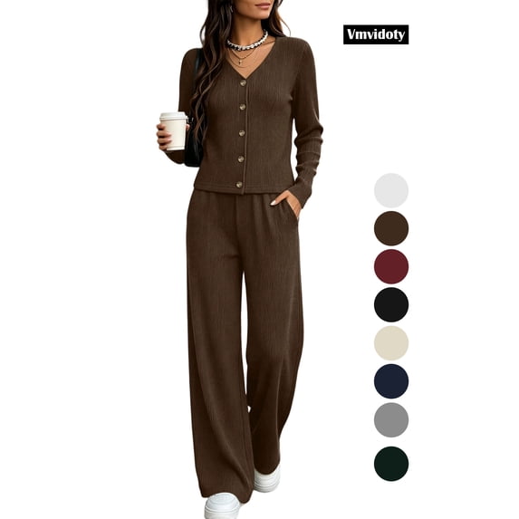Women's 2 Piece Casual Knit Set V Necklinen Full Buttom Down Top Wide Leg Pants Casual Suits for Fall Brown 2XL