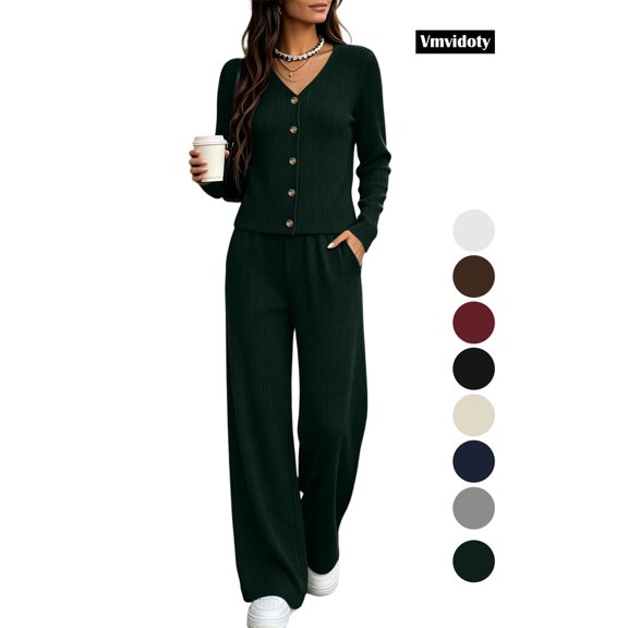Women's 2 Piece Casual Knit Set V Necklinen Full Buttom Down Top Wide Leg Pants Casual Suits for Fall Green XL