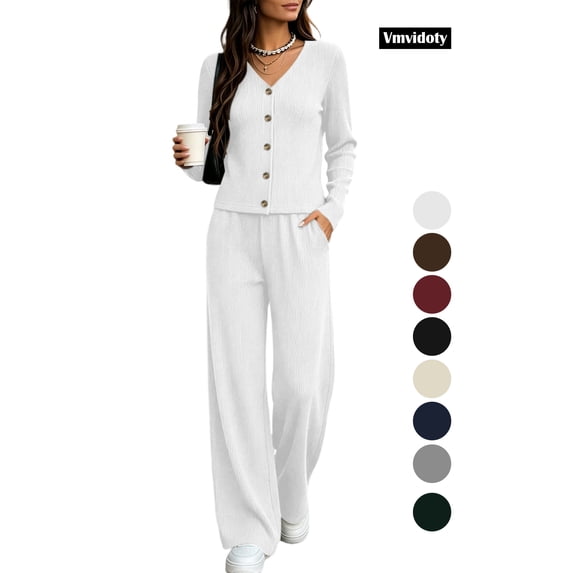 Women's 2 Piece Casual Knit Set V Necklinen Full Buttom Down Top Wide Leg Pants Casual Suits for Fall White XL