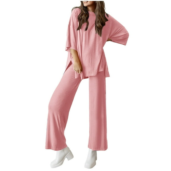 Women's 2 Piece Casual Loose Sets Short Sleeve T-Shirt with Wide Leg Pants Summer Comfort Loungewear Suits Pink,M