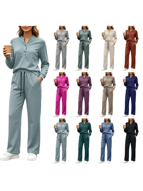 Women's 2‑Piece Casual Loungewear Set, V‑Neck Partial Button Long Sleeve Top & Drawstring High Waist Wide Leg Pants with Pockets for Home Shopping Coffee Party Weekend Trip Mint Green XL(XL)