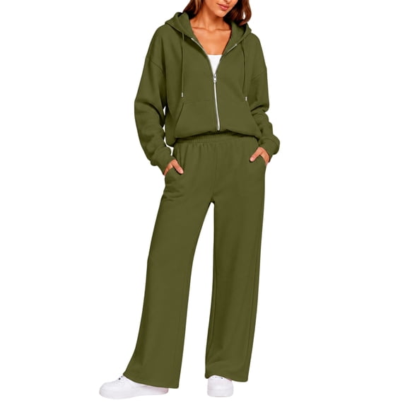 Women's 2 Piece Casual Outfit Set Full Zip Hoodie Jacket And High Waisted Wide Leg Pants Relaxed Comfortable Tracksuit for Fall Winter Everyday Wear Army Green_#35 XL
