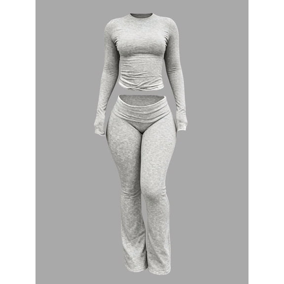 Women's 2 Piece Casual Outfit Set, Solid Color Fitted Long Sleeve Top and Matching Pants, Everyday Matching Set