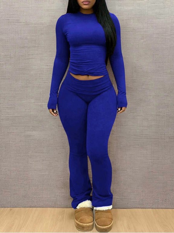 Women's 2 Piece Casual Outfit Set, Solid Color Fitted Long Sleeve Top and Matching Pants, Everyday Matching Set