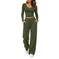 thumbnail image 1 of Women's 2 Piece Casual Outfit Set, Solid Color V Neck Cropped Long‑Sleeve Top Drawstring Elastic Waist Pants with Pockets, Fashion Matching Suit Casual Daily Wear, 1 of 8
