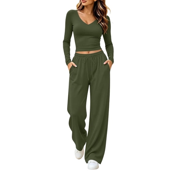 Women's 2 Piece Casual Outfit Set, Solid Color V Neck Cropped Long‑Sleeve Top Drawstring Elastic Waist Pants with Pockets, Fashion Matching Suit Casual Daily Wear