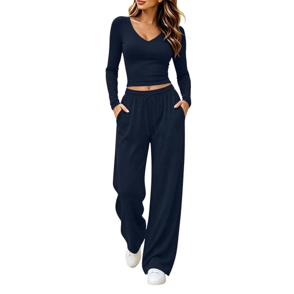 Women's 2 Piece Casual Outfit Set, Solid Color V Neck Cropped Long‑Sleeve Top Drawstring Elastic Waist Pants with Pockets, Fashion Matching Suit Casual Daily Wear