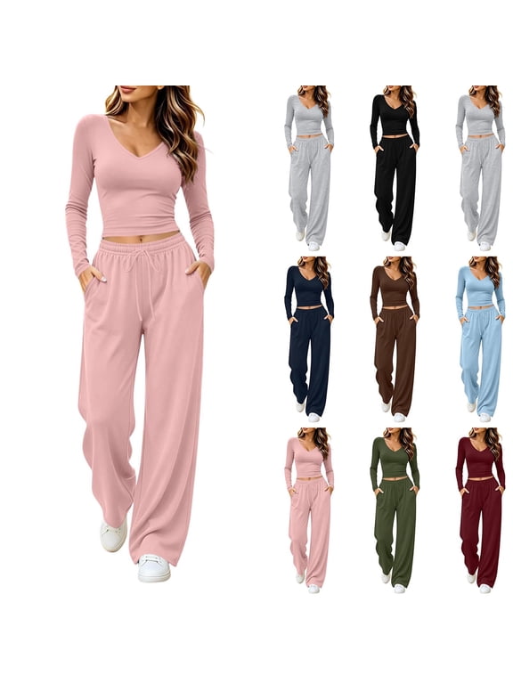 Women's 2 Piece Casual Outfit Set, Solid Color V Neck Cropped Long‑Sleeve Top Drawstring Elastic Waist Pants with Pockets, Fashion Matching Suit Casual Daily Wear