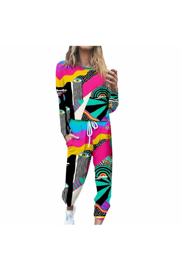 Women's 2 Piece Casual Outfits Funny Novelty Print Long Sleeve Top and High Waist Long Pants Set Graphic Loungewear Streetwear Suits Loose Fit Tracksuit Sets with Pockets