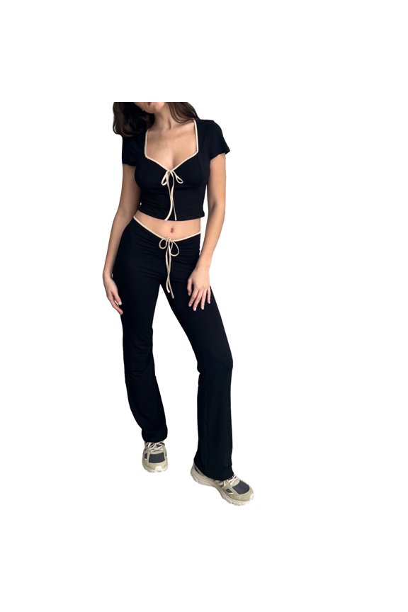 Women's 2 Piece Casual Outfits Short Sleeve Crop Tops Drawstring Pants Sets Summer Outfits