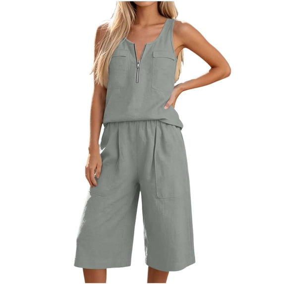Women's 2 Piece Casual Outfits Sleeveless Half Zip Tank Tops and Wide Leg Capri Pants Sets Lightweight Summer Lounge Wear Gray