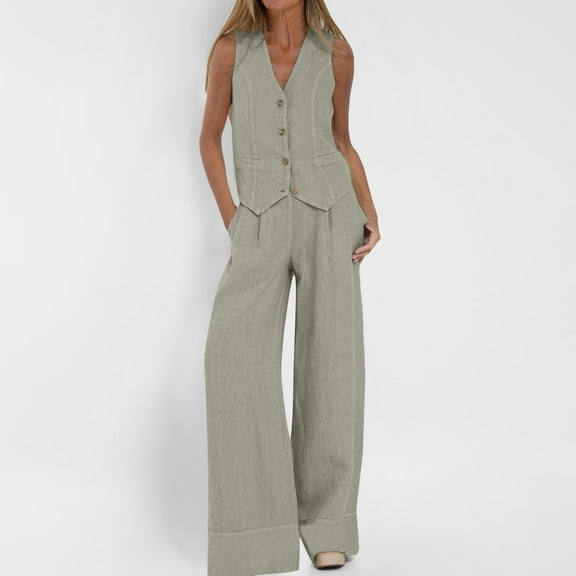 Women's 2 Piece Casual Outfits Womens Button Sleeveless Vest Shirt Straight Wide Leg Trousers With Pockets Suit Work Pantsuit Short Sleeve Jumpsuits for Women Formal Jumpsuits for Women Elegant Lace