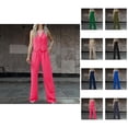 thumbnail image 1 of Women's 2 Piece Casual Outfits Womens Button Sleeveless Vest Shirt Straight Wide Leg Trousers With Pockets Summer Capri Pants, 1 of 8