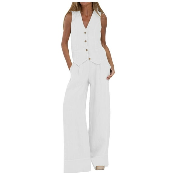 Women's 2 Piece Casual Pant Suits for Women Dressy Wedding Guest with Elastic Waist Outfits Womens Button Sleeveless 3Xl Ski Bibs Vest Shirt Straight Wide Leg Trousers with