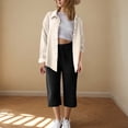 thumbnail image 1 of Women's 2 Piece Casual Set Textured Button Shirts and Black High Waist Capris, Loose Fitting Outfits for Beach Vacation Daily Wear Beige S, 1 of 5