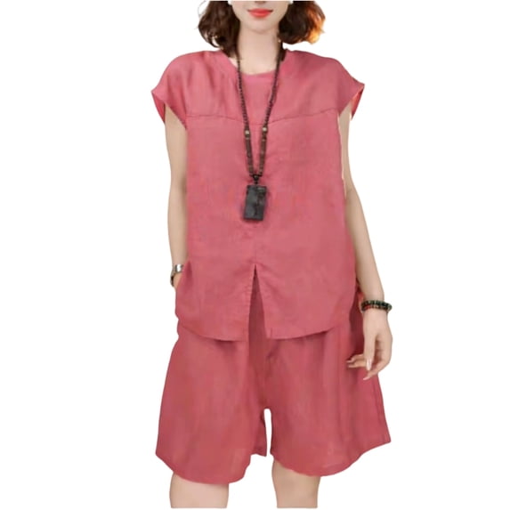 Women's 2 Piece Casual Short Sleeve Top And Shorts Set Watermelon Red XL