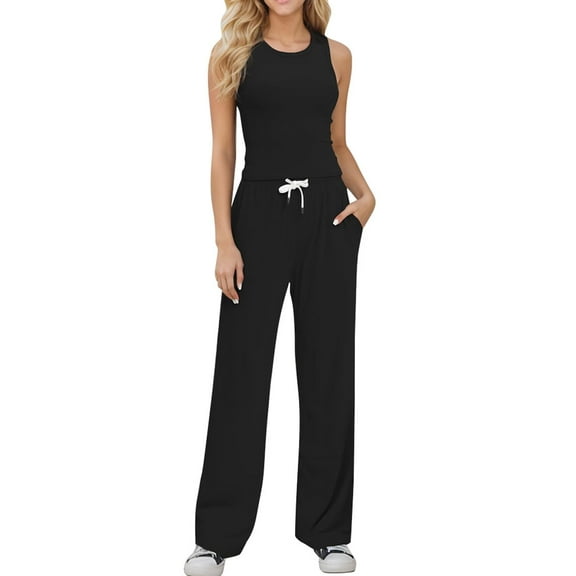 Women's 2 Piece Casual Suit Sleeveless Vest Wide Leg Pants Lounge Wear Matching Set