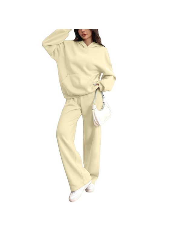 Women's 2 Piece Casual Sweatsuit Set Hoodie Wide Leg Sweatpants Lounge Track Suits Beige XL