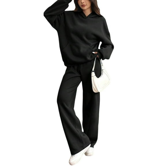 Women's 2 Piece Casual Sweatsuit Set Hoodie Wide Leg Sweatpants Lounge Track Suits Black M