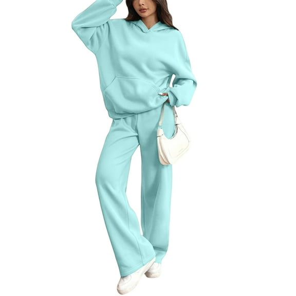 Women's 2 Piece Casual Sweatsuit Set Hoodie Wide Leg Sweatpants Lounge Track Suits Mint Green M