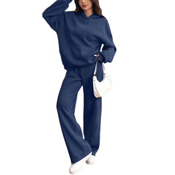 Women's 2 Piece Casual Sweatsuit Set Hoodie Wide Leg Sweatpants Lounge Track Suits Navy M