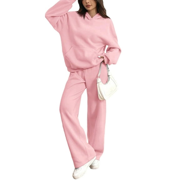 Women's 2 Piece Casual Sweatsuit Set Hoodie Wide Leg Sweatpants Lounge Track Suits Pink XL