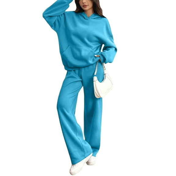 Women's 2 Piece Casual Sweatsuit Set Hoodie Wide Leg Sweatpants Lounge Track Suits Royal Blue S