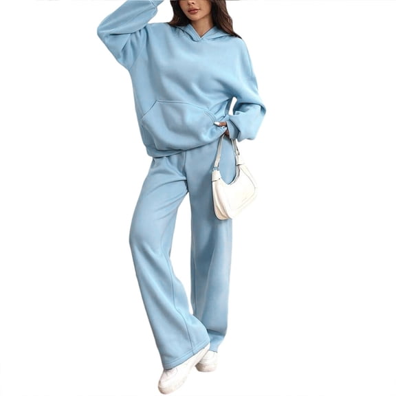 Women's 2 Piece Casual Sweatsuit Set Hoodie Wide Leg Sweatpants Lounge Track Suits Sky Blue S