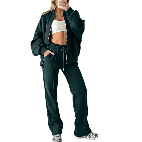Women's 2 Piece Casual Tracksuit Outfit Set Full Zip Long Sleeve Bomber Jacket and Loose Straight Leg Pants Loungewear Sweatsuits Green