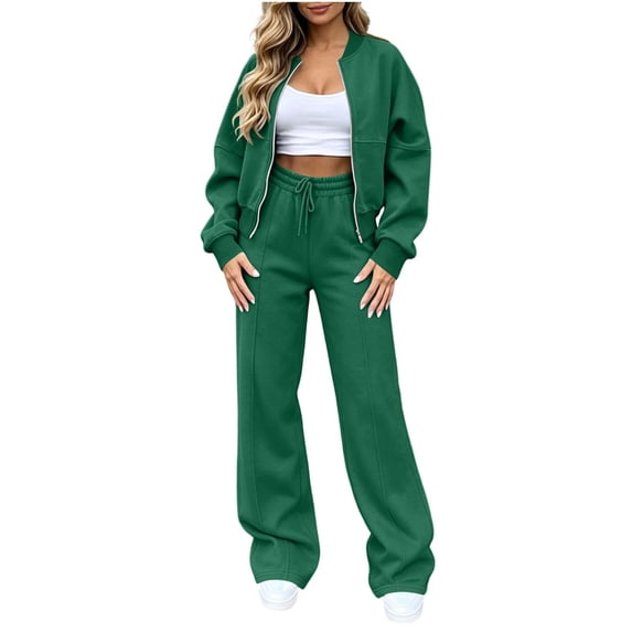 Women's 2‑Piece Casual Tracksuit Set, Ribbed Zip‑Up Round‑Neck Top & Elastic Waist Drawstring Wide‑Leg Sweatpants, Soft Stretch LoungeOutfit for Fall Winter Daily Casual Green M