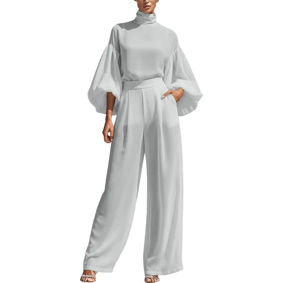 Women’s 2 Piece Chiffon Outfit Set Stand Collared Puff Sleeve Blouse with High Waist Wide Leg Pants Elegant Solid Color Matching Suit for Daily office Party Wear Gray