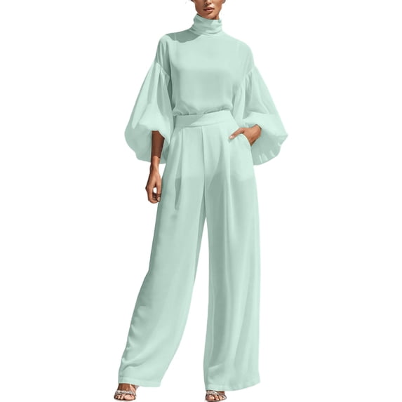 Women’s 2 Piece Chiffon Outfit Set Stand Collared Puff Sleeve Blouse with High Waist Wide Leg Pants Elegant Solid Color Matching Suit for Daily office Party Wear Green