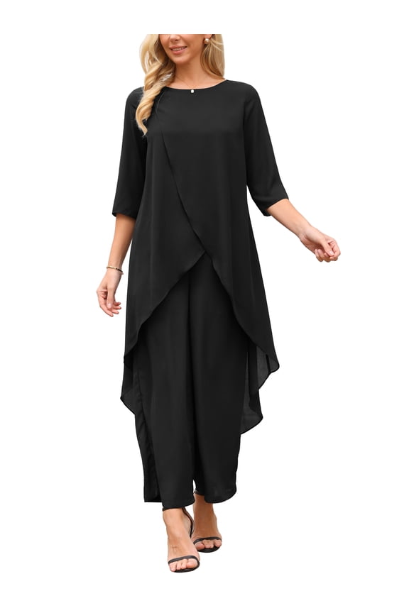 Women's 2 Piece Chiffon Sets Summer Dressy Pantsuits High Low Top Pants Set Formal Wedding Guest Outfit M Black