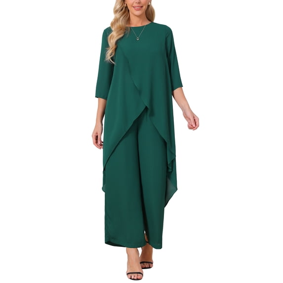 Women's 2 Piece Chiffon Sets Summer Dressy Pantsuits High Low Top Pants Set Formal Wedding Guest Outfit S Dark Green