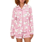 LOLIUICCA Women Christmas Satin Pajamas 2 Piece Set Plaid/Santa Print Long Sleeve Shirts Tops and Shorts 2 Piece Loungewear Sleepwear