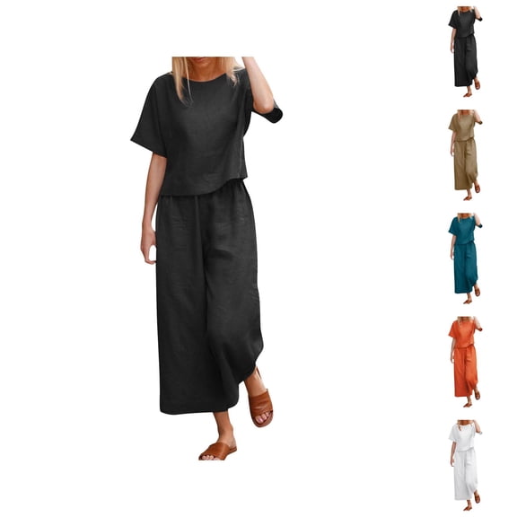 Women's 2 Piece Clothing Summer Casual Short Sleeves Round Neck Crop Top Wide Leg Pants Casual Matching Set Ladies Summer Pants