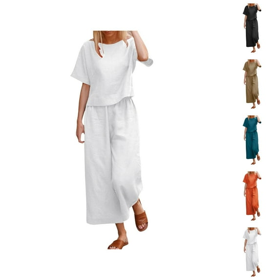 Women's 2 Piece Clothing Summer Casual Short Sleeves Round Neck Crop Top Wide Leg Pants Casual Matching Set Womens Pants