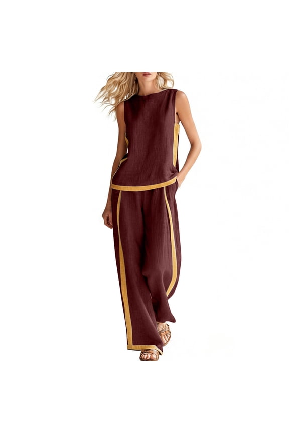 Women's 2 Piece Co Ord Sets Linen Color Block Wide Leg Trouser Suits Sleeveless Blouse & Linen Baggy Pants Leisure Lounge Wear Casual Outfits Holiday Clothes