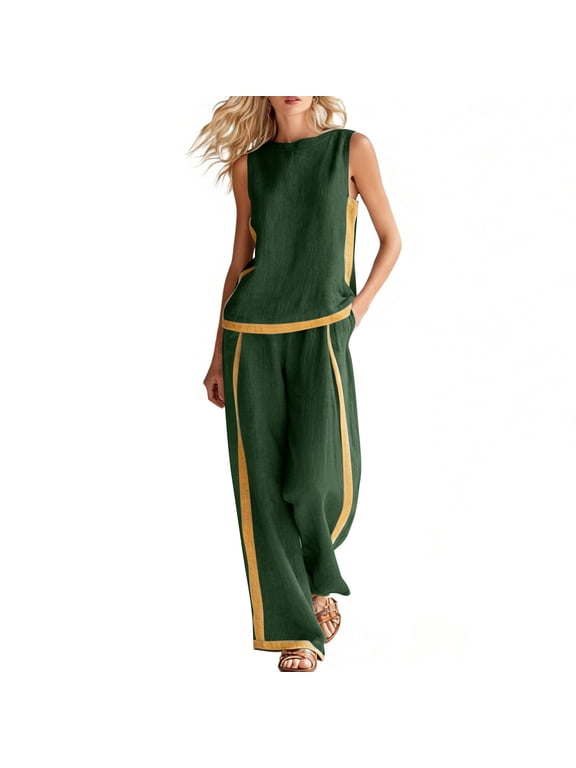 Women's 2 Piece Co Ord Sets Linen Color Block Wide Leg Trouser Suits Sleeveless Blouse & Linen Baggy Pants Leisure Lounge Wear Casual Outfits Holiday Clothes