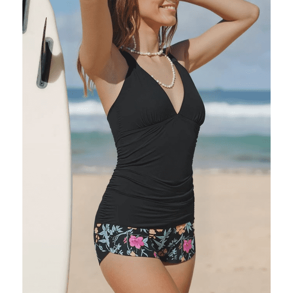 Women’s 2 Piece Color Block Tankini Swim Set, Solid Black Ruched V-Neck Halter Tank Top & Floral Print High Waist Boyshort Swim Bottoms, Modest Tummy Control Bathing Suit for Beach Pool Water Sports