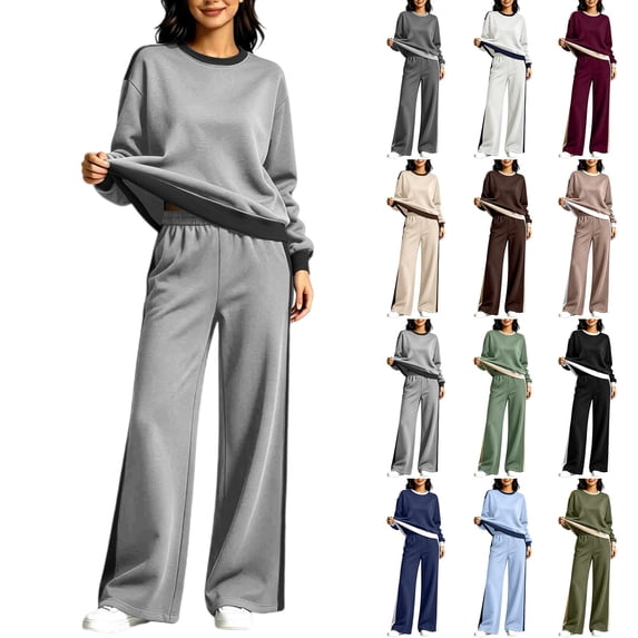 Women's 2-Piece Colorblock Sweatsuit Set Crewneck Long Sleeve Top and Wide Leg Pants Casual Lounge Outfit Fall Winter Daily Wear