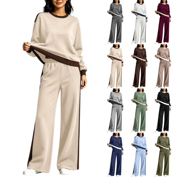 Women's 2-Piece Colorblock Sweatsuit Set Crewneck Long Sleeve Top and Wide Leg Pants Casual Lounge Outfit Fall Winter Daily Wear