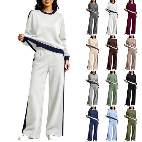 Women's 2-Piece Colorblock Sweatsuit Set Crewneck Long Sleeve Top and Wide Leg Pants Casual Lounge Outfit Fall Winter Daily Wear