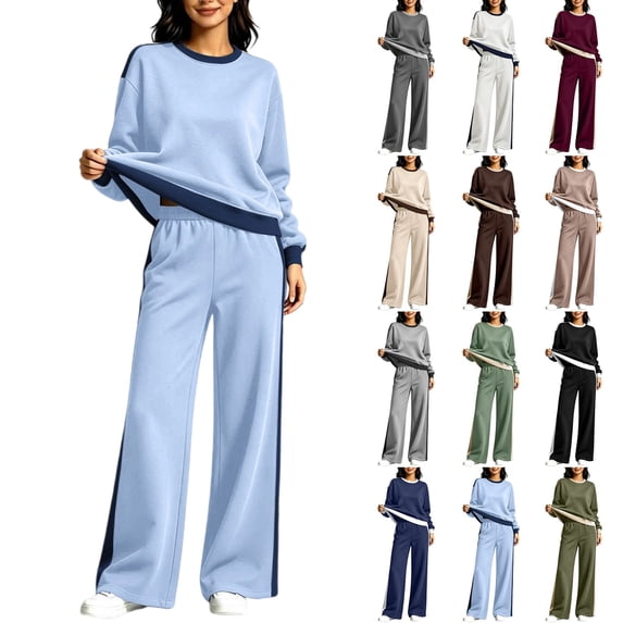 Women's 2-Piece Colorblock Sweatsuit Set Crewneck Long Sleeve Top and Wide Leg Pants Casual Lounge Outfit Fall Winter Daily Wear