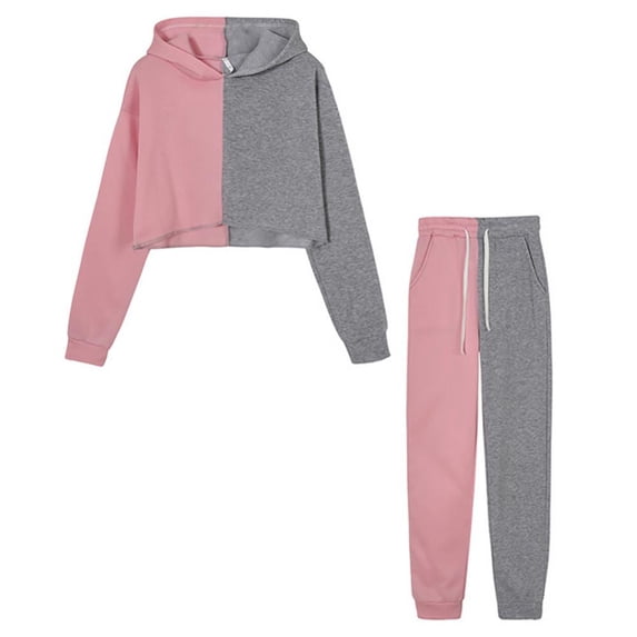Women's 2 Piece Contrast Color Tracksuits Outfits Long Sleeve Hooded Sweatshirt Elastic Drawstring Waist Sweatpants, S-2XL