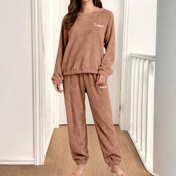 Women's 2-Piece Coral Fleece Pajama Set, Double-Sided Plush Sleepwear, Thickened Winter Loungewear, Comfortable Cuffed Ankle Pants, Cozy Home Wear Set for Women Coffee XL