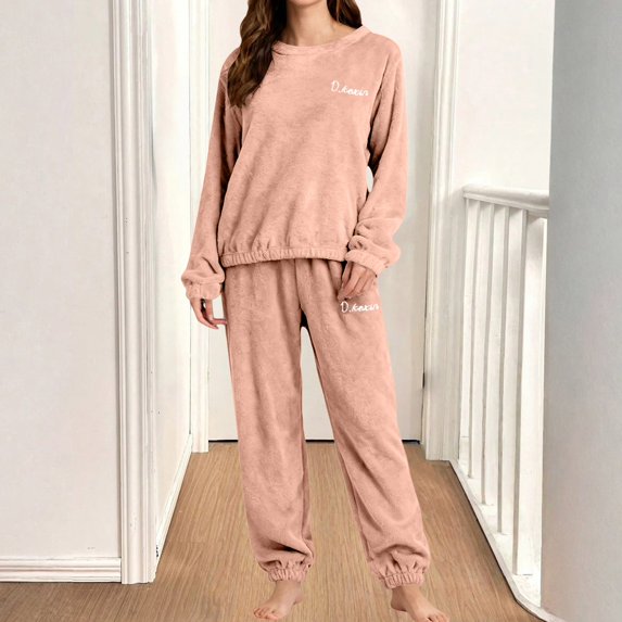 Women's 2-Piece Coral Fleece Pajama Set, Double-Sided Plush Sleepwear, Thickened Winter Loungewear, Comfortable Cuffed Ankle Pants, Cozy Home Wear Set for Women Light Pink XXXXXL