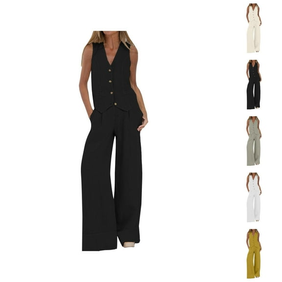 Women's 2 Piece Cotton Casual Outfits Womens Button Sleeveless Vest Shirt Straight Wide Leg Trousers With Pockets Summer Capris For Women